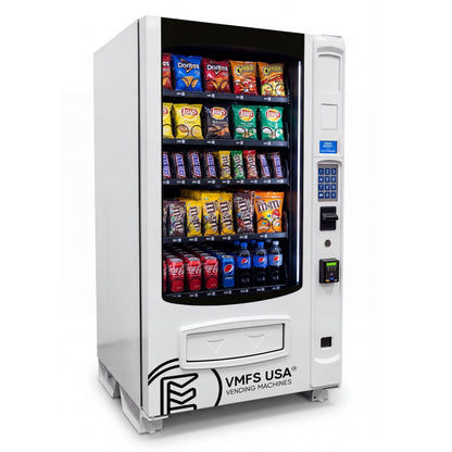 Seaga ENV5C combo vending machine stocked with snacks and drinks on a white background