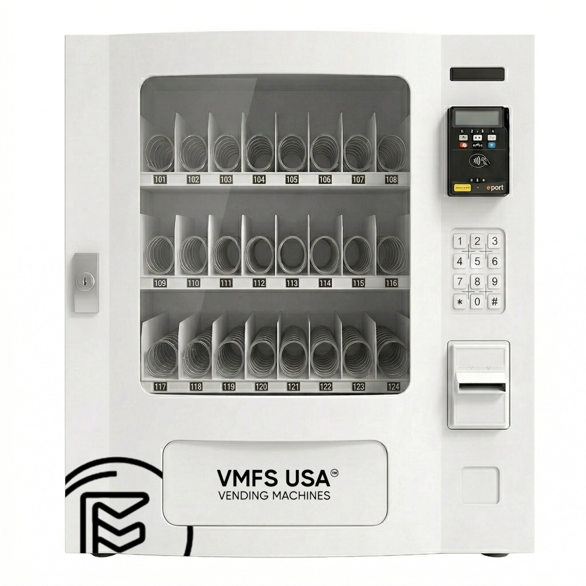 Seaga SM2300 Vending machine with various compartments for products on a white background, featuring VMFS USA branding.
