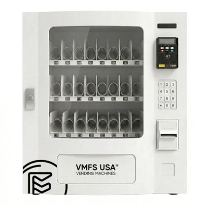 Seaga SM2300 Vending machine with various compartments for products on a white background, featuring VMFS USA branding.