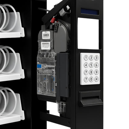 Close-up of a Seaga SM2300 vending machine's internal components and keypad 