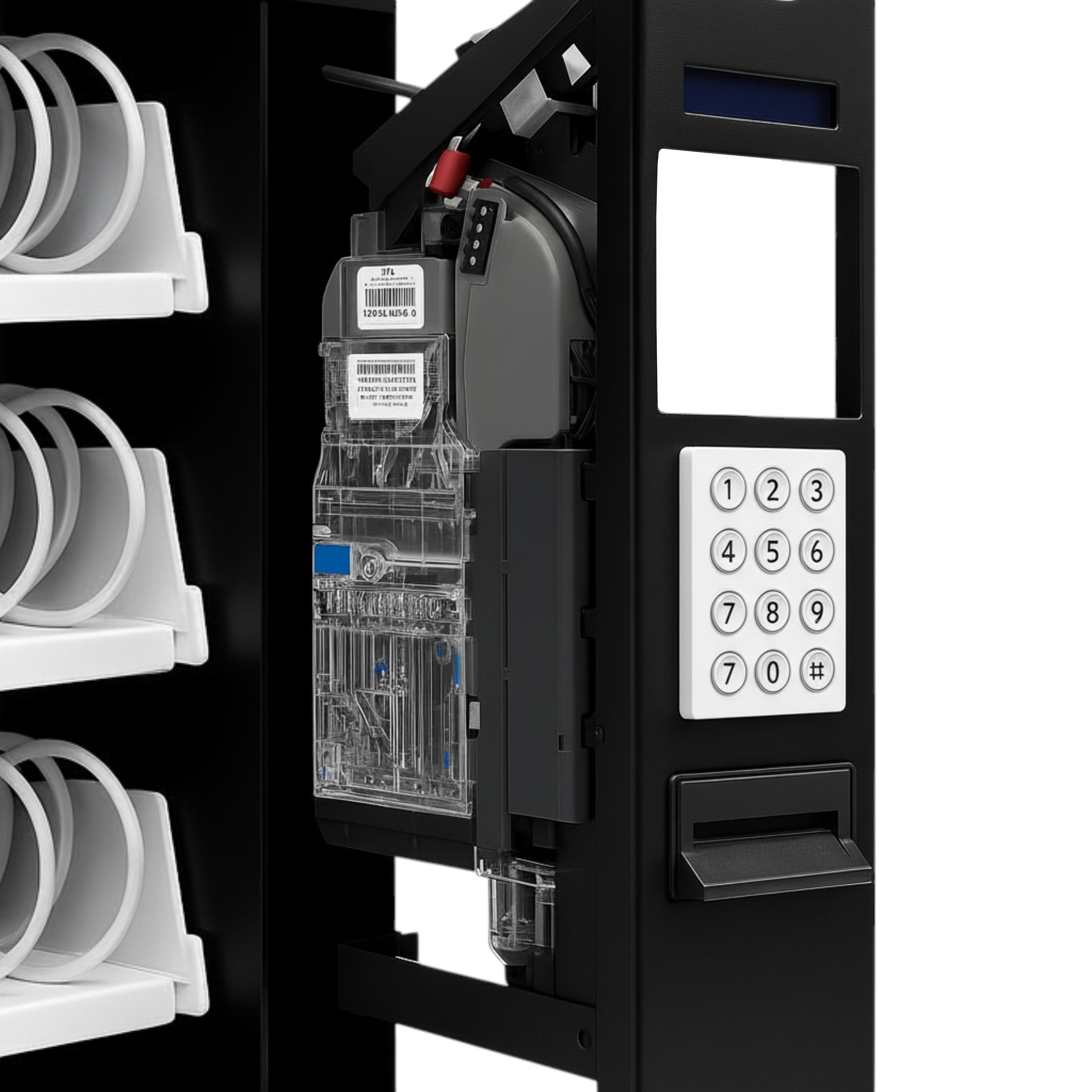 Close-up of a Seaga SM2300 vending machine's internal components and keypad 