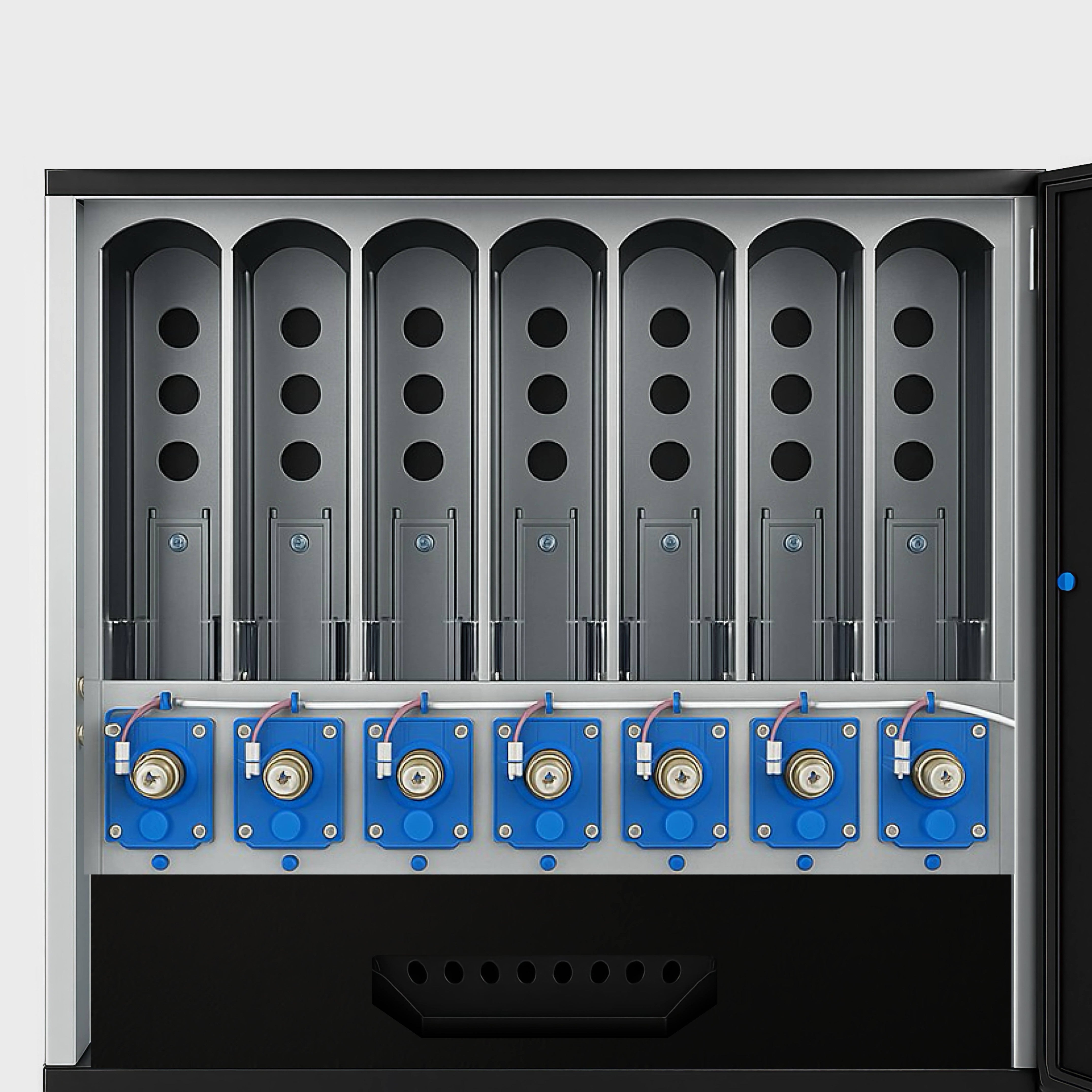 Seaga SM2300 vending machine Electrical panel with multiple sockets and connectors on a white background

