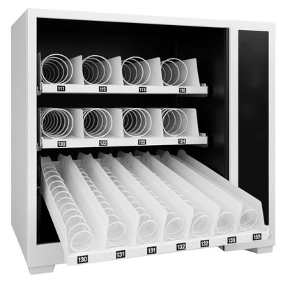 Seaga SM2300 Vending machine with multiple compartments containing white cylindrical items on a white background

