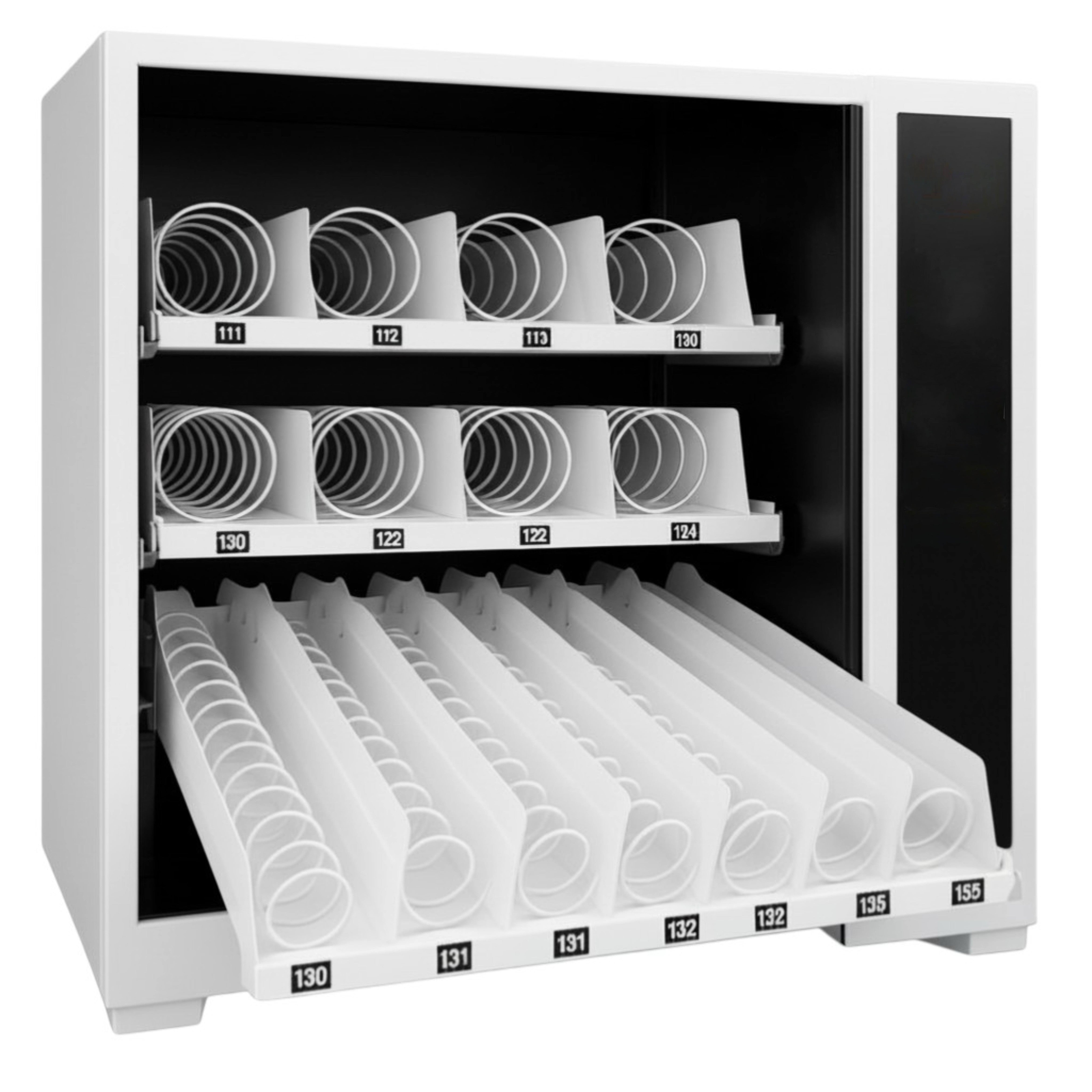 Seaga SM2300 Vending machine with multiple compartments containing white cylindrical items on a white background

