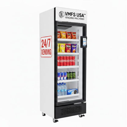VMFS USA Ai Smart Combo Vending machine stocked with snacks and drinks

