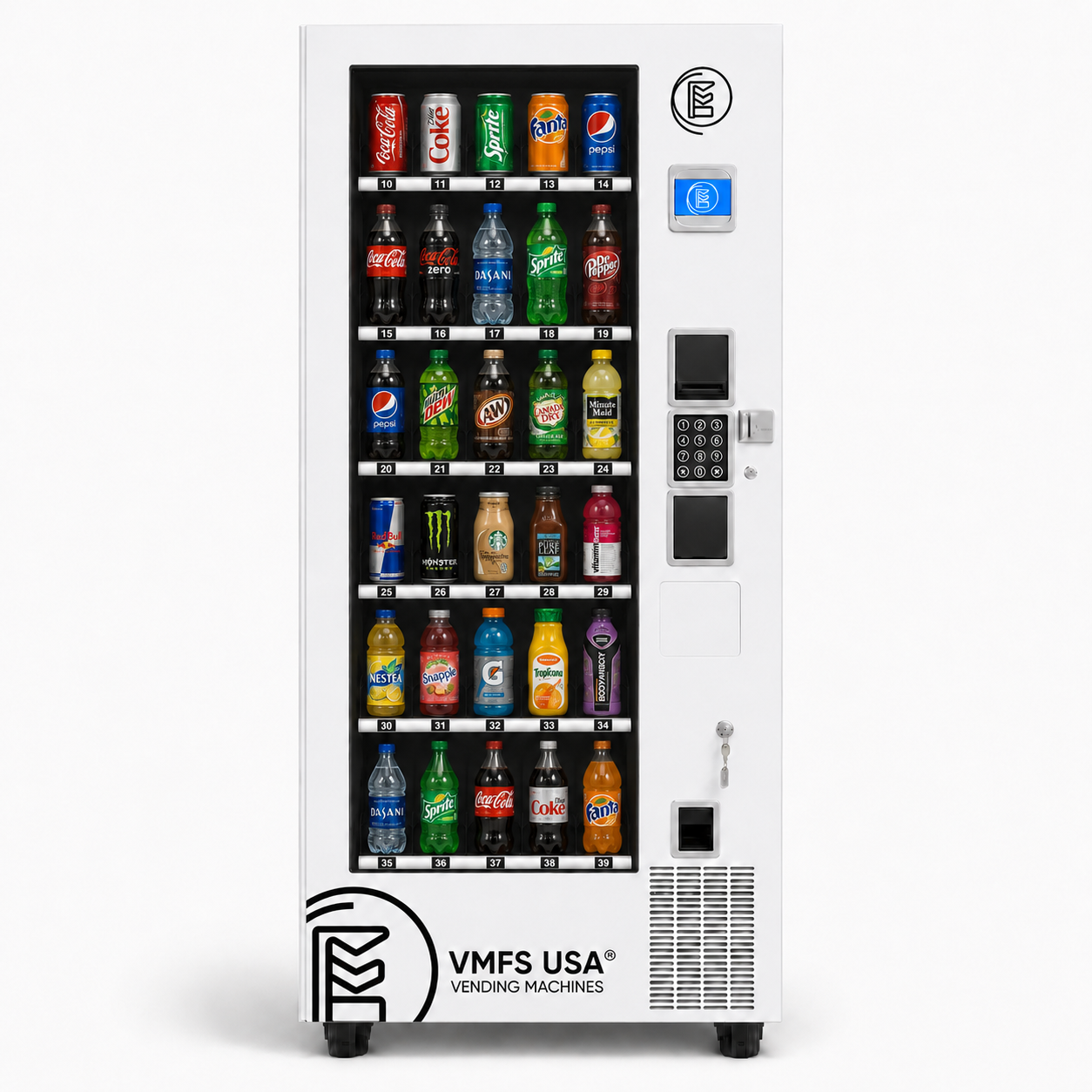A white VMFS USA Drinks and soda vending machine filled with assorted bottled and canned beverages. The machine has a glass front door with multiple beverage rows, a coin and card reader, keypad, and VMFS USA branding near the bottom.