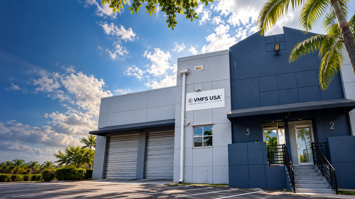 VMFS USA warehouse building in Miami with loading bays under a blue sky
