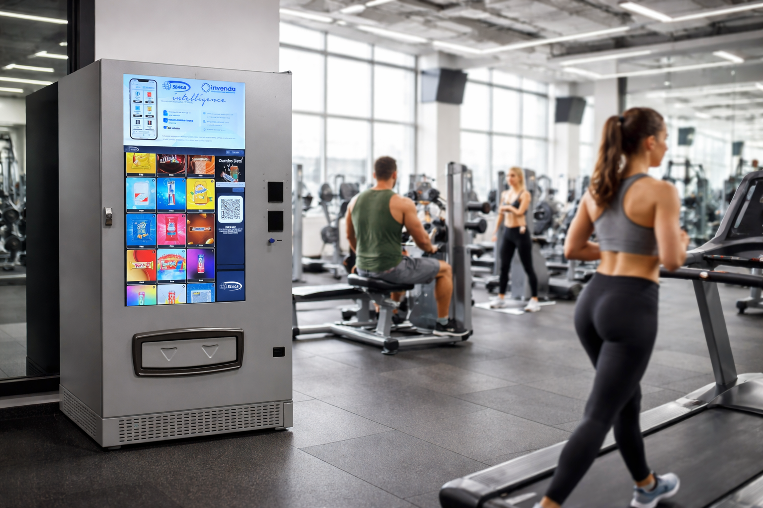 Seaga EnvisionIQ Smart Vending machine with digital display in a gym setting
