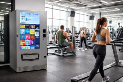 Seaga EnvisionIQ Smart Vending machine with digital display in a gym setting