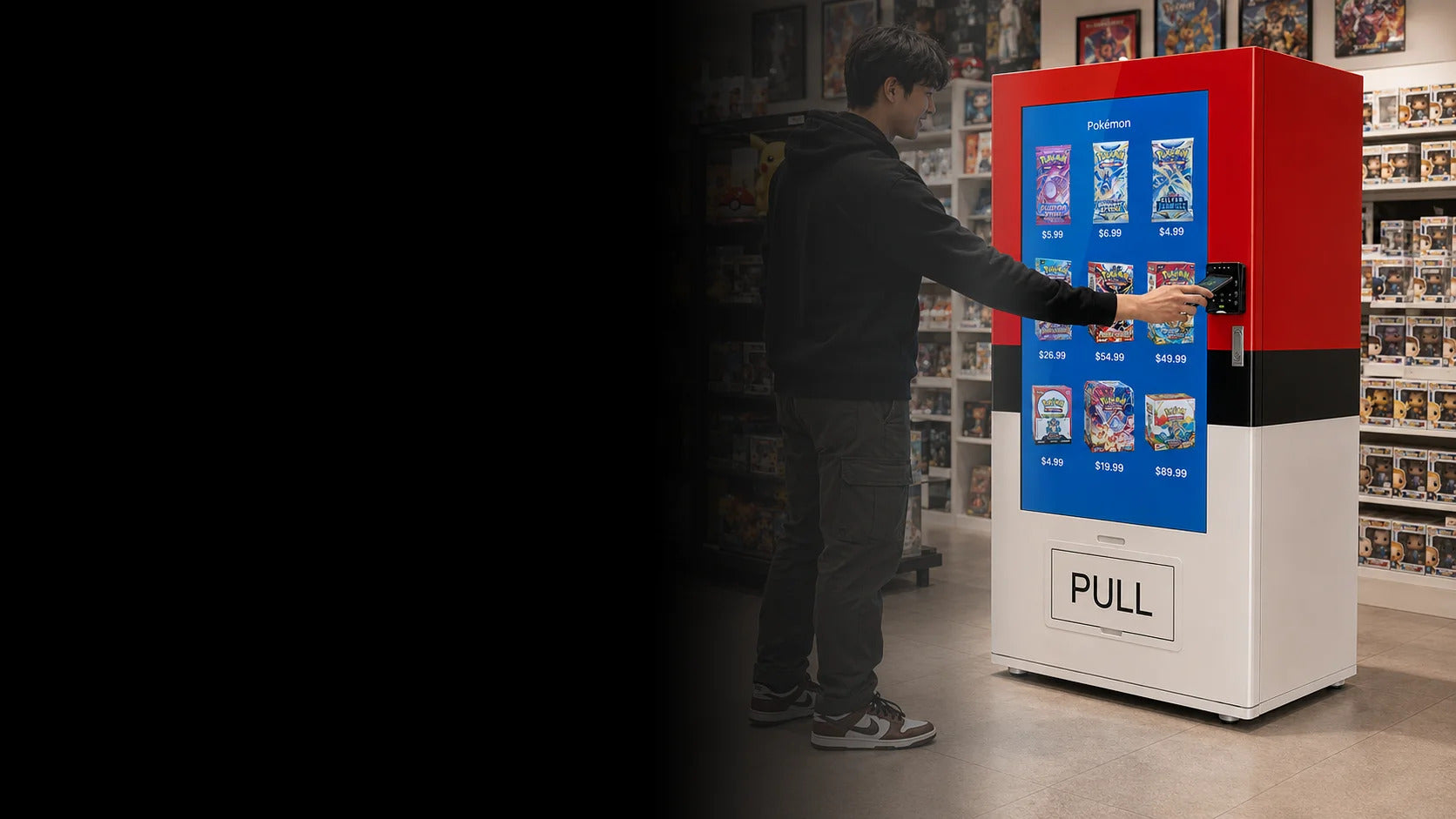 Pokemon card vending machine with 55-inch touchscreen and elevator delivery by VMFS USA