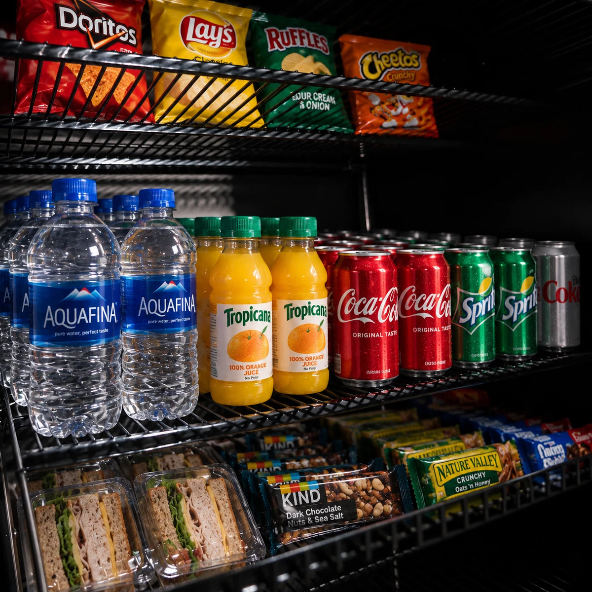 Mixed snacks, drinks and fresh food on NEO GO wire shelves
