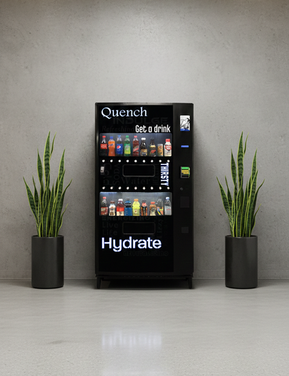 Vending machine labeled 'Quench Hydrate' with drinks on a gray wall background
