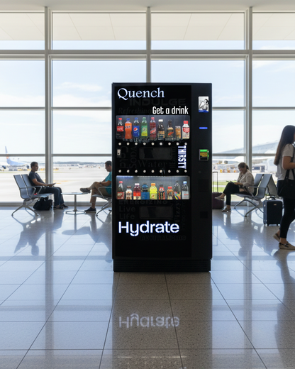Seaga Prosper Vending machine in an airport terminal with people sitting in the background