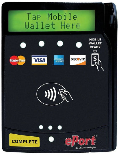 Vending Machine Card reader with digital display and brand logos on a black background