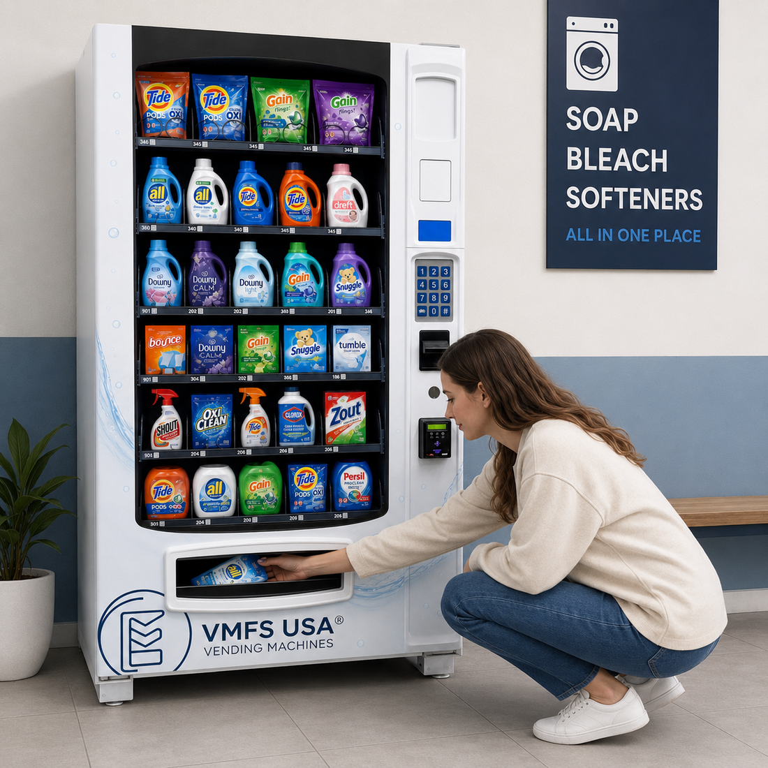 Laundry vending machine stocked with detergent pods and supplies