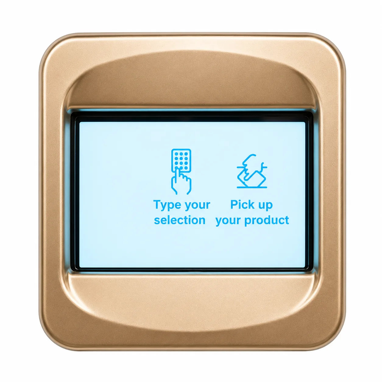 a screen displaying text and icons on a white background - Part of vending machine