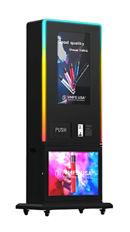 Group 10 (1) Tall Vape Vending Machine for sale, offering a slim, vertical design for efficient vape product dispensing in a sleek, space-saving unit.